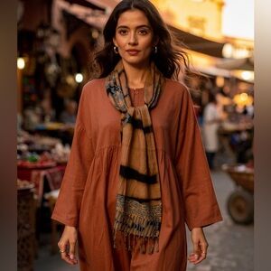 Chicos long scarf brown black blue white floral fringe rayon 10x66 inches approx